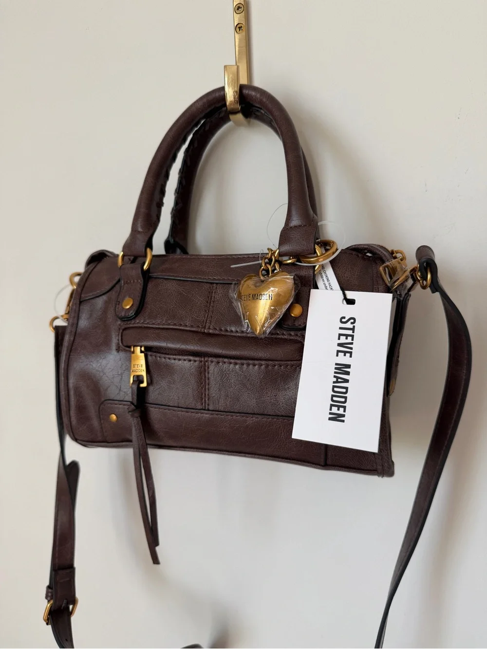 Brown Leather Mini Satchel bag with rhinestone heart charm gold hardware